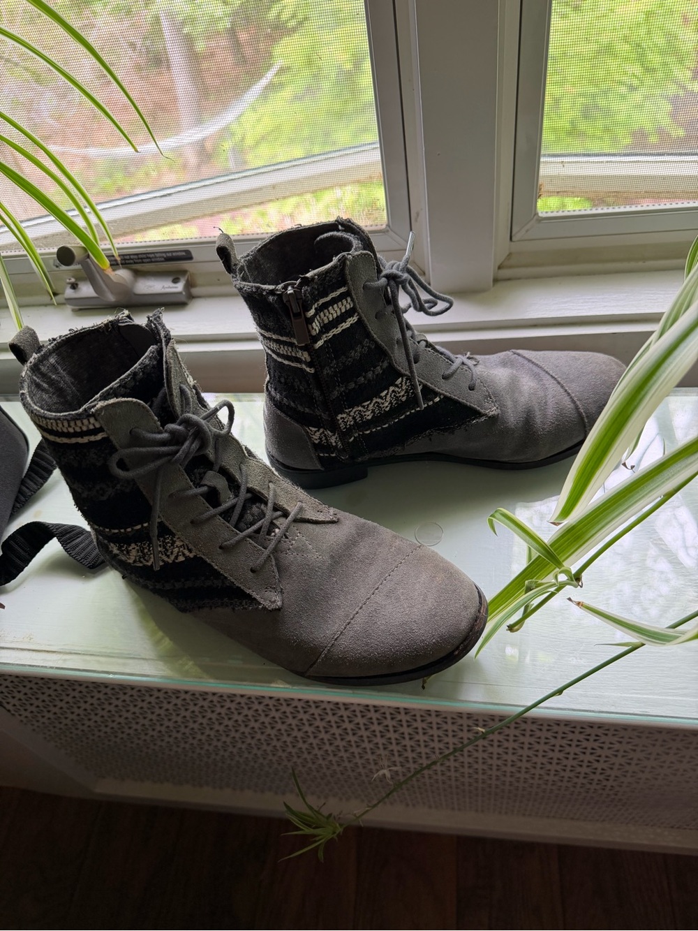 Toms Gray Lace-Up Combat Boots with Knit Panels